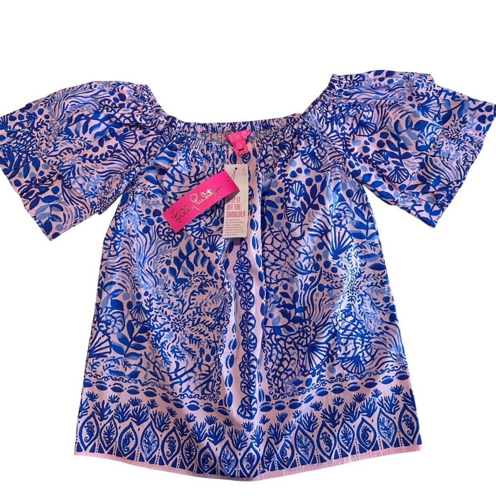 Lilly Pulitzer Off The Shoulder Top Blue Pink Print NWT